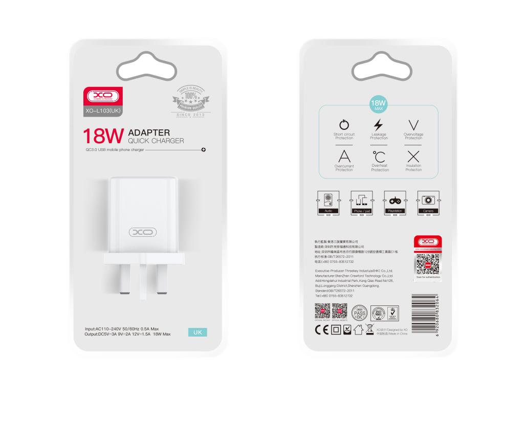 XO L103 QC3.0 18W / 3 A Charger With Lightning Cable